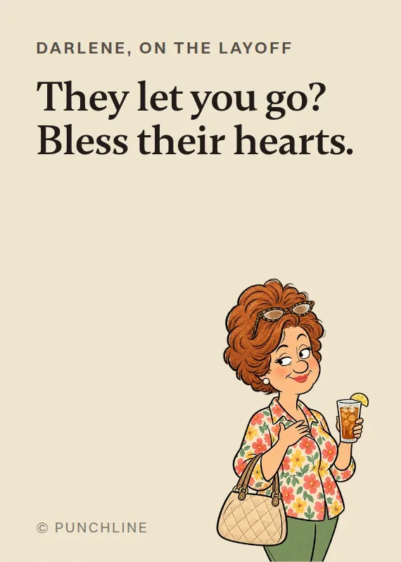 Darlene losing your job card: They let you go? Bless their hearts.