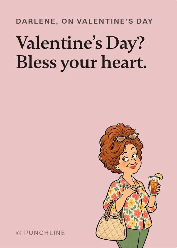 Darlene valentine’s day card: Valentine’s Day? Bless your heart.