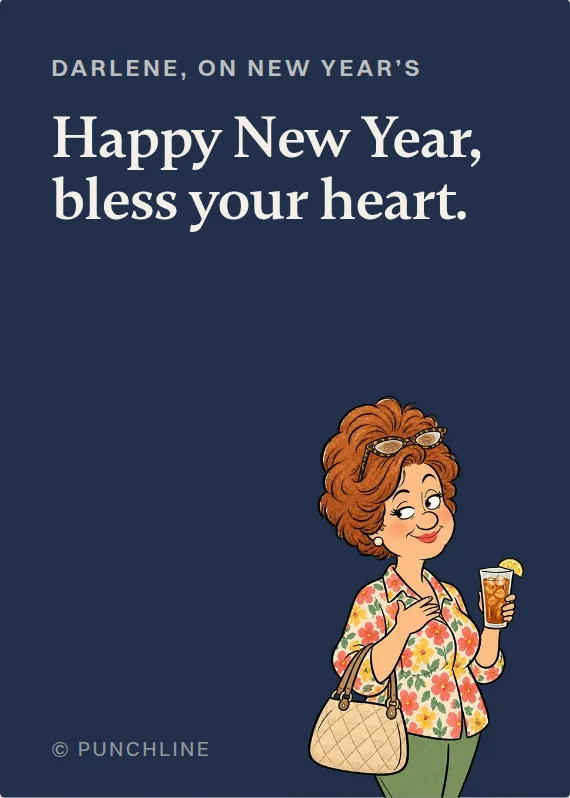 Darlene new year’s day card: Happy New Year, bless your heart.