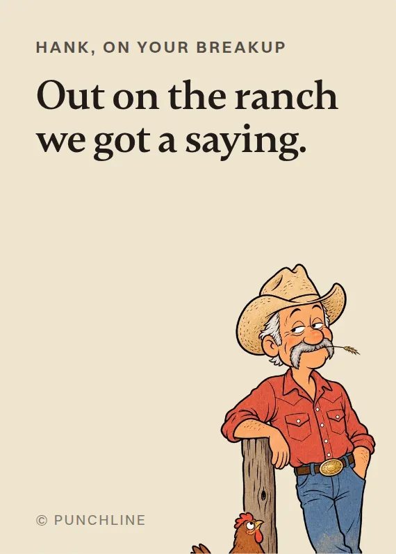 Hank breakups & divorce card: Out on the ranch we got a saying.