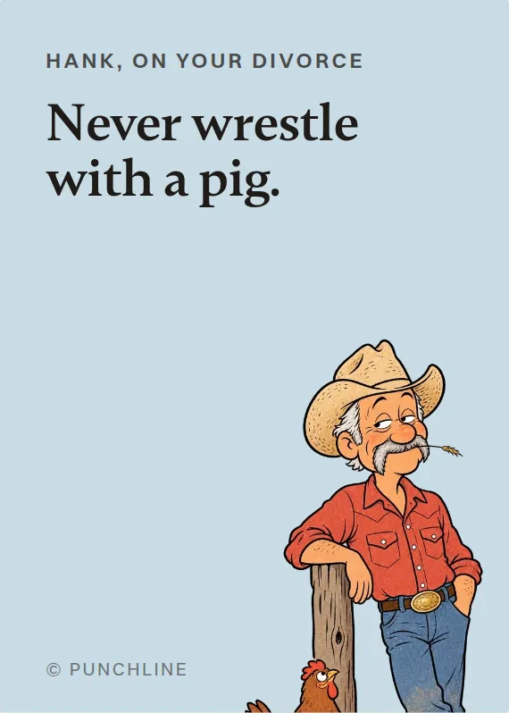 Hank breakups & divorce card: Never wrestle with a pig.