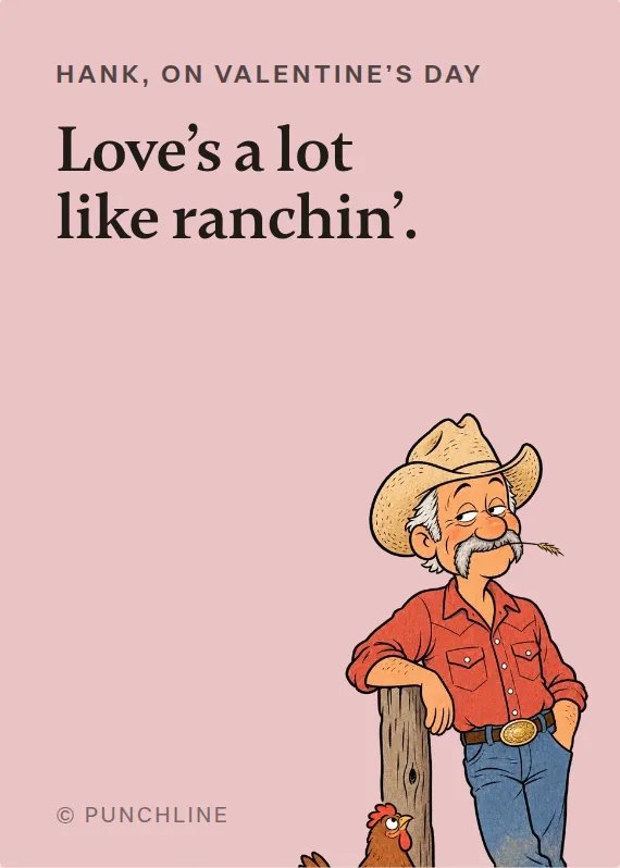 Hank valentine’s day card: Love’s a lot like ranchin’.