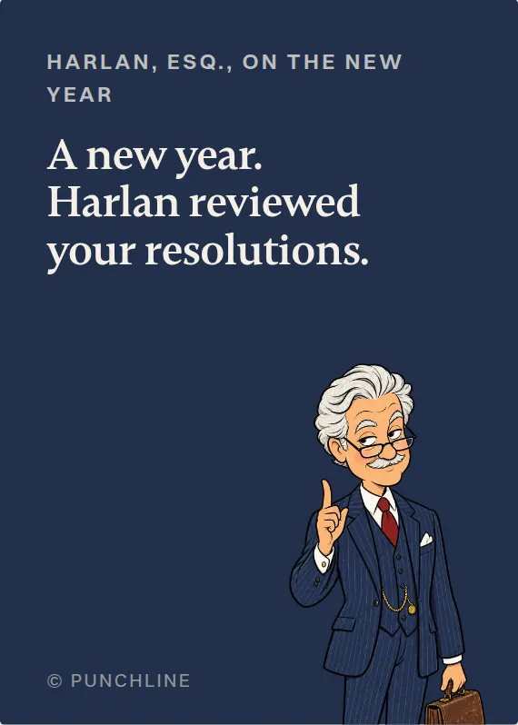 Harlan, Esq. new year’s day card: A new year. Harlan reviewed your resolutions.