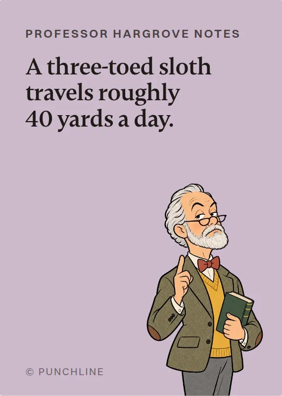 Prof. Hargrove losing your job card: A three-toed sloth travels roughly 40 yards a day.