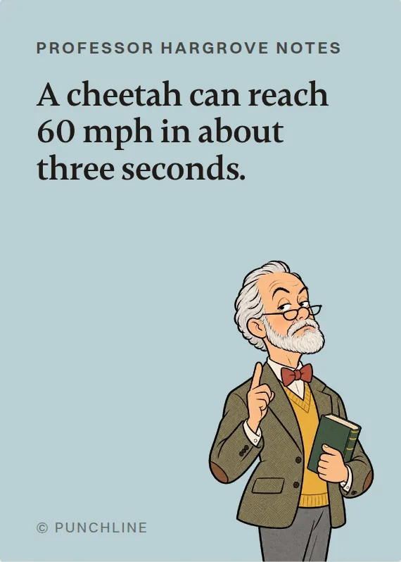 Prof. Hargrove hurt doing a hobby card: A cheetah can reach 60 mph in about three seconds.