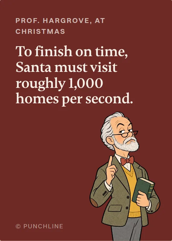 Prof. Hargrove christmas card: To finish on time, Santa must visit roughly 1,000 homes per second.